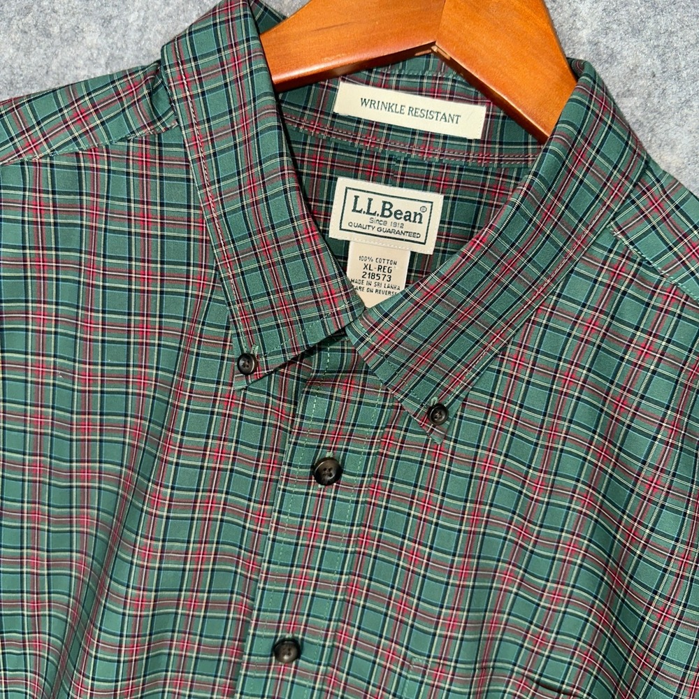LL Bean Shirt Mens XL Green Plaid Wrinkle Resistant Cotton Button Down 218573
